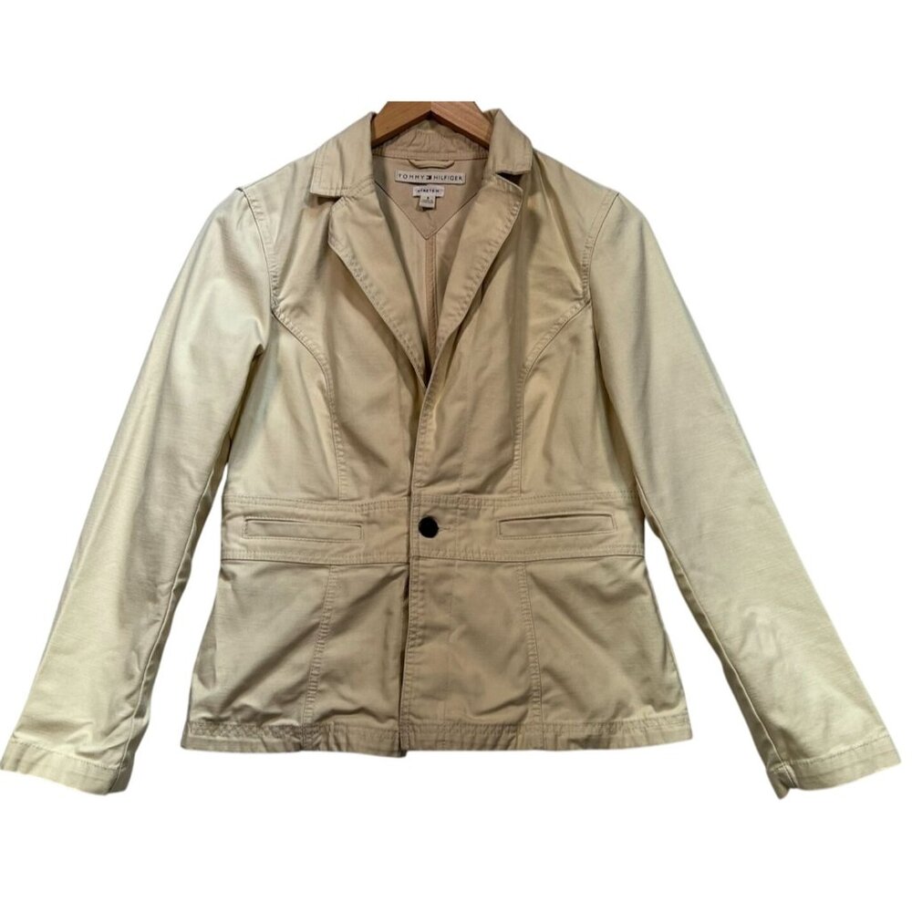 Tommy Hilfiger Womens One Button Blazer Jacket Long Sleeve Size 8 Beige Stretch